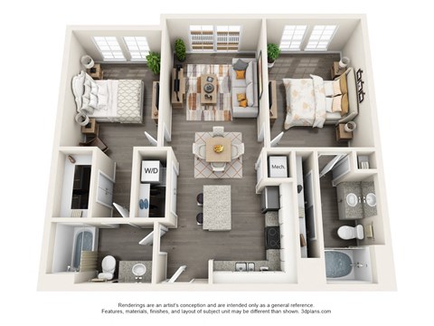 Floor plan for 2 beds, 2 baths, 1007 sqft